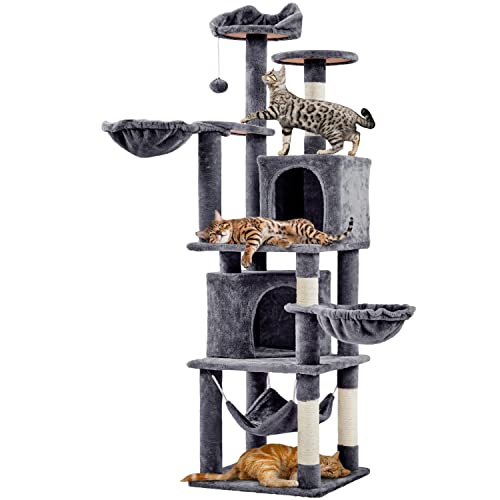Yaheetech XXL Katzenkratzbaum 175 cm deckenhoch Kratzbaum für große Katzen, Stabil Kletterbaum mit Sisal-Kratzsäulen Plattformen Korb Hängematte Plüschball, Dunkelgrau