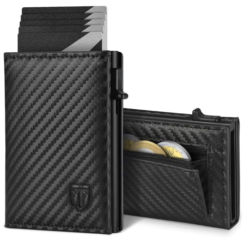 TEEHON Leder Geldbörse Herren mit Münzfach & RFID Schutz | Slim Wallet Kreditkartenetui mit Banknotenfächer | Carbon Geldbeutel Herren Kartenetui Klein& ID-Fenster | Mini Portmonee Herren | Schwarz