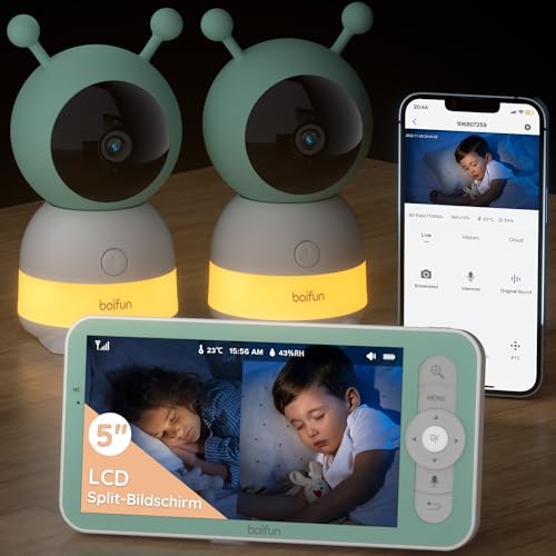 BOIFUN Babyphone mit 2 Kameras App, Split-Screen-Anzeige, 2K HD Bild, PTZ 355°/60°, 4×Zoom, Automatische Verfolgung, Weinen/Bewegungs/Geräuscherkennung, Temperatur und Feuchtigkeitsmessung