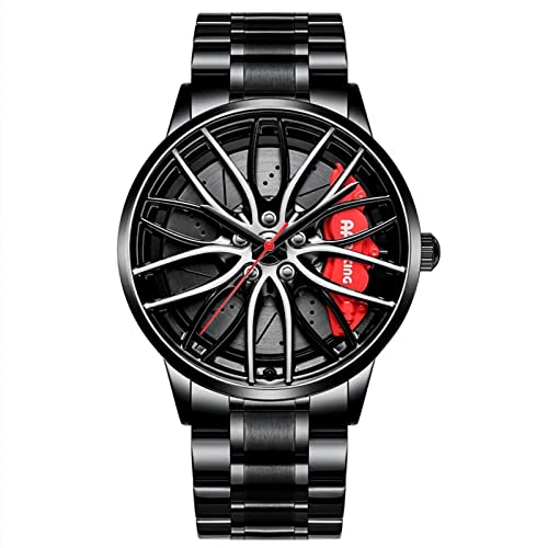 RWXCOW Herren Uhr Kreativ Armbanduhren,Autorad Felgennabenuhr,Auto Rad Felgen Nabe Uhr, Männer Sport Wasserdicht Custom Design Armbanduhr,3D Auto Rad Felge Nabe Quarz Herrenuhr Stahlbandrot