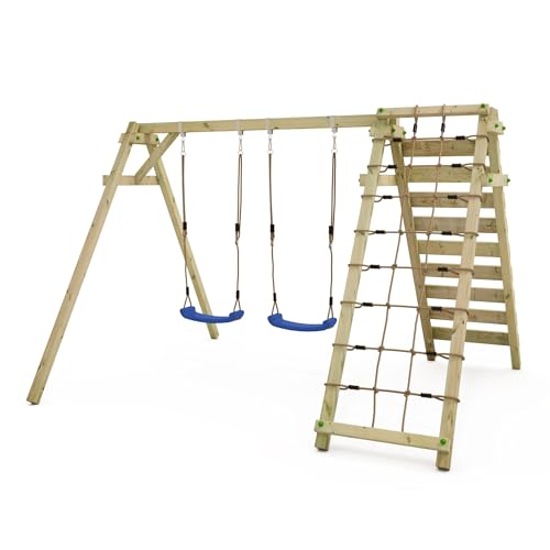 Kinderschaukel, Schaukelgestell, Schaukel, Schaukelgerüst, Doppelschaukel, Holzschaukel mit Kletteranbau für Kinder im Garten mit 2 Schaukelsitzen - Wickey Smart Cliff