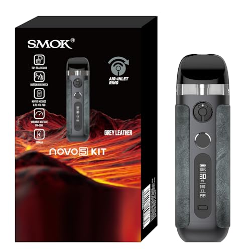 SMOK NOVO 5 Pod Vape Kit 900mAh 30W mit 07Ω MTL Mesh-Kartusche 2ml Top-Fill einstellbarem Luftstrom Type-C-Ladung kompakt & auslaufsicher E-Zigarette Vaporizer für MTL-Vaping ohne Nikotin Graues Leder