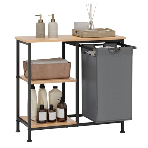 EUGAD Badregal mit Wäschekorb, Wäschesammler mit 4 Ablagen, 31 L Wäschesack ausziehbar abnehmbar, Standregal offen, für Badezimmer Waschküche, 70x65x30 cm, Schwarz helle Eiche