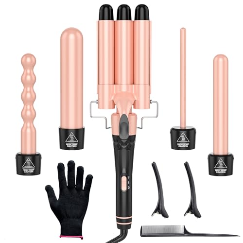 OBVHNUA 5 in 1 Lockenstab 3 Fässer Welleneisen 9-32mm Keramik Lockenwickler 2-stufig einstellbare Temperatur 150-230°C schnelles Aufheizen 2m 360° drehbares Kabel mit Handschuh, Kamm und 2 Haarnadeln
