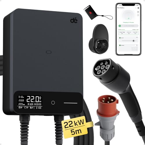 dé Typ 2 Wallbox 22kW mit APP und RFID, 6-32A 3-Phasen EV-Ladegerät 400V mit 5m Ladekabel und Kabelhalter für BEV/PHEV, RCD Typ-B & IP54-Schutz, effiziente Ladestation für Zuhause, schwarz