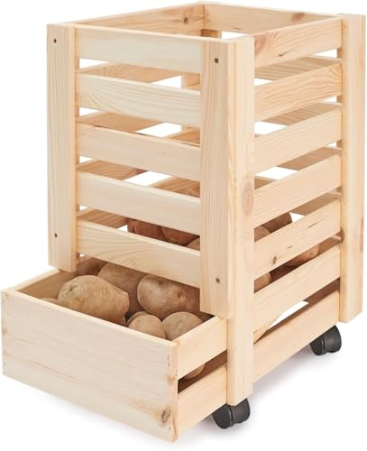 Pinus - Holzkiste auf Rollen, 31x37x50 cm, Obstkiste aus Holz, Kartoffelkiste, Apfelkisten, Aufbewahrungskiste, Funktionell und Robust, Natural Farbe, Kieferholz