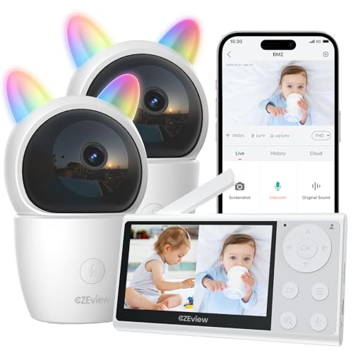 CZEview Babyphone mit 2 Kameras und APP, 2K/4,3 Zoll WLAN Babyfon mit Split-Screen, PTZ 360°, Automatische Verfolgung, 4×Zoom, IR-Nachtsicht, Weinen/Bewegungs/Geräuscherkennung, Temperaturerkennung