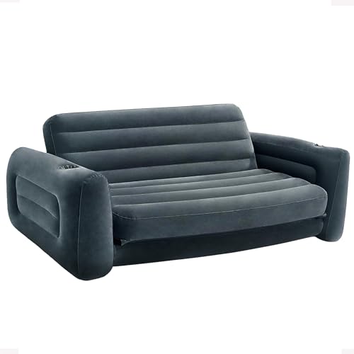 Intex Aufblasbares Camping-Sofa, Queen-Size-Bett, ausziehbar, Futoncouch mit 3 Schnellaufblas- und Luftablassventilen, 203,2 x 231,14 x 66,04 cm, Anthrazitgrau