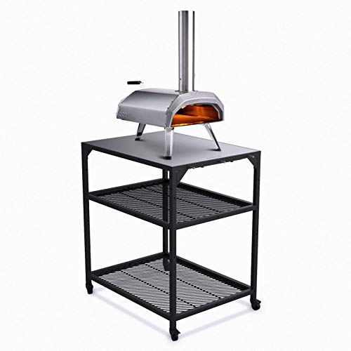 Ooni Pizzatisch aus Stahl – medium, Grill Beistelltisch, Servierwagen Outdoor, Küchenwagen mit 4 Rollen, Grillwagen
