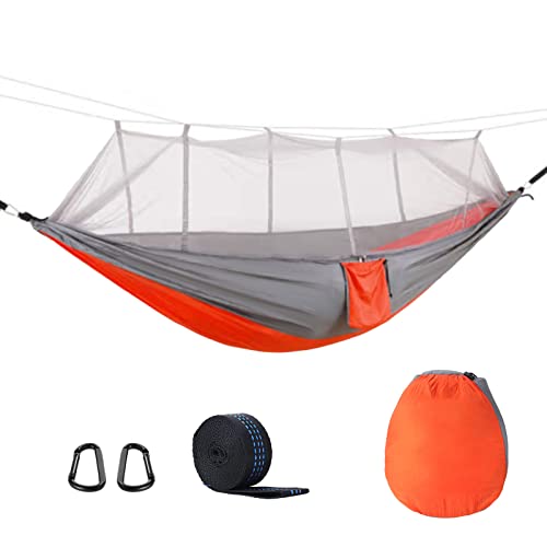 Kyrio Outdoor-Hängematte mit Moskitonetz, 290x140cm tragbare Hängematte Set Insektenschutzmittel für Outdoor-Wandern und Wildnis Survival-Trips (Orange Grau)