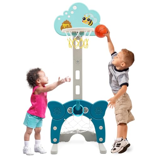 Kinder Basketballständer höhenverstellbar| 4 in 1 Höhenverstellbarer Basketballständer, Fußballtor Ring, Toss, Golf, Indoor und Outdoor, Kleinkinder, Sportspielzeug