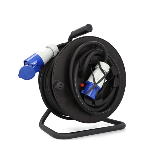 cartrend Explorer CEE Kabeltrommel mit 1 CEE-Stecker und 1 CEE-Kupplung, Verlängerungsleitung für dauerhafte Nutzung beim Camping und im Outdoorbereich, mit Feststellbremse, IP44, 25m, schwarz