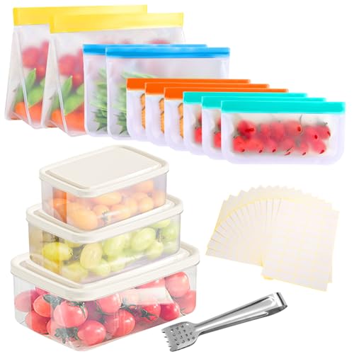 10 Stück Gefrierbeutel Silikonbeutel Wiederverwendbar Silikon mit Stehendes Boden-desig, 3 Stück Frischhaltedosen Plastikdose, mit Mehrzweckzange, mit Etiketten Selbstklebend für Küche ( 59 Stück )