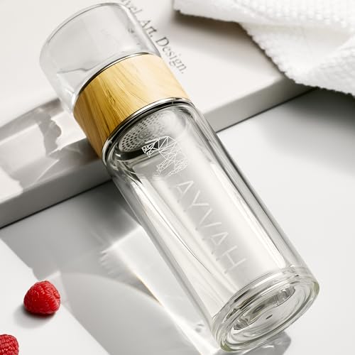 AYVAH Teeflasche mit Sieb to Go - Trinkflasche - Thermo Glasflasche mit Teesieb aus Edelstahl, Deckel & Hülle - BPA-frei & Bleifrei - Geschenkset Tea Infuser - 150ml / 280ml