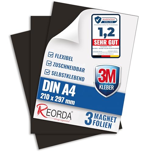 Reorda Magnetfolie DIN A4 selbstklebend 3er Set - Magnetpapier mit starkem 3M-Kleber - Magnetplatte zuschneidbar für Kühlschrank, Tafeln & Poster - Magnetische Folie selbstklebend für's Basteln