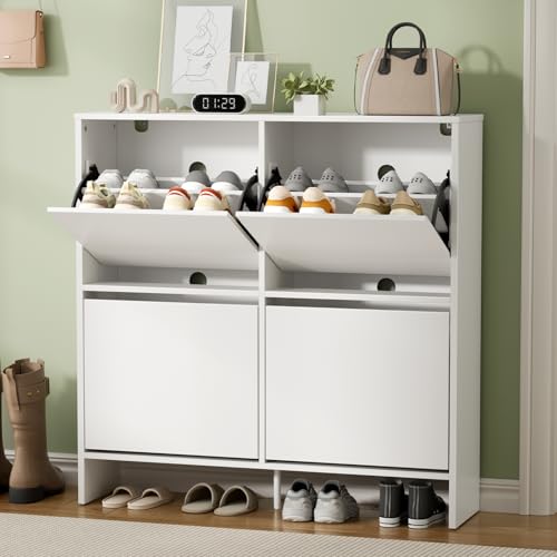 Schuhschrank mit 4 Klappen, Nordischer Schuhschrank Schmal mit 8 Ablageflächen, Schuhkipper Schmal mit 3-fach Höhenverstellbaren Etagen & Anti-Kipp-Vorrichtun, Shoe Cabinet Weiss 100 x 25 x 100.5 cm