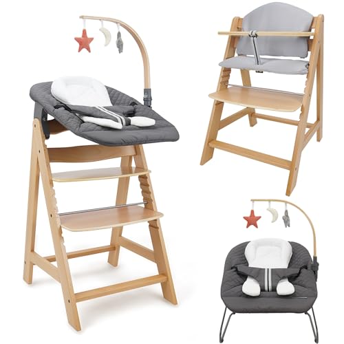 509 Crew SKY Holzhochstuhl Grow Up Set ab Geburt +, inklusive SKY Babywippe 2-in-1 und Hochstuhl-Sitzkissen, Farbe Anthrazit