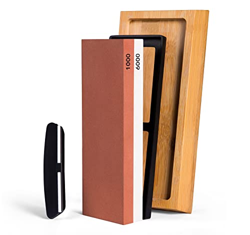 S SATC Schleifstein Körnung 1000/6000 Wetzstein für Messer Professionell Schärfstein 2-IN-1 Messerschärfer Abziehstein Sharpening Stone mit Rutschfeste Bambusbasis und Winkelführung