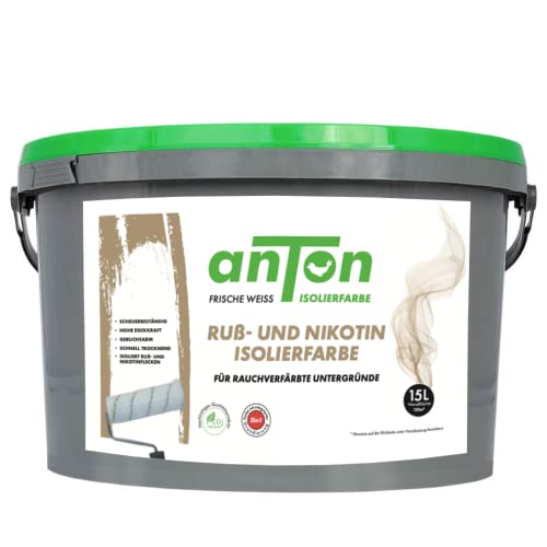 Anton Ruß- und Nikotinsperre | Isolierfarbe 15L | FRISCHE WEISS | weiß | deckt beim ersten Anstrich | für rauchverfärbte Untergründe | 90-120m²