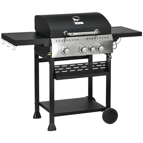 Outsunny Gasgrill 3 KW 3+1 Brenner BBQ Grillwagen aus Edelstahl inkl Seitenbrenner Thermometer Grillrost Kochfeld Flaschenöffner Seitenablagen Gas-Grill für Balkon Camping 123 x 52 x 101cm