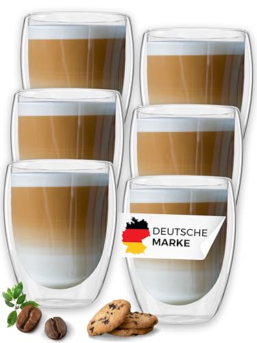 LAPRESO® Latte Macchiato Gläser doppelwandig 6er Set 350ml - Doppelwandige Gläser modernes Design Cappuccino Tassen Teegläser aus Borosilikatglas