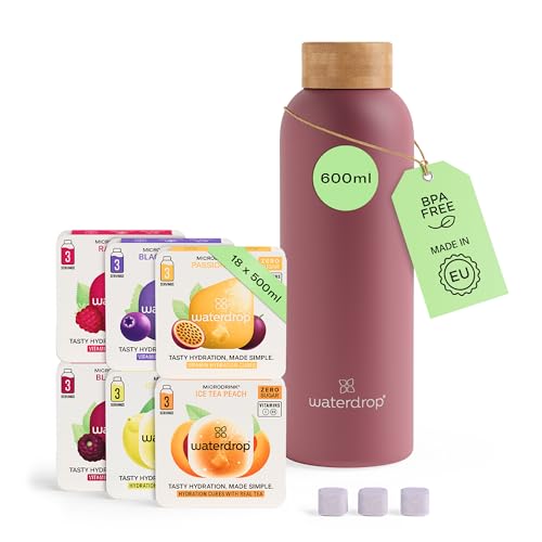 waterdrop® Starter Set - 600ml Trinkflasche mit Geschmack inkl. 18 zuckerfreie Drops - Geschenk für Frauen - Probierpaket mit Wasserflasche & Drops - Edelstahl Trinkflasche Kohlensäure geeignet