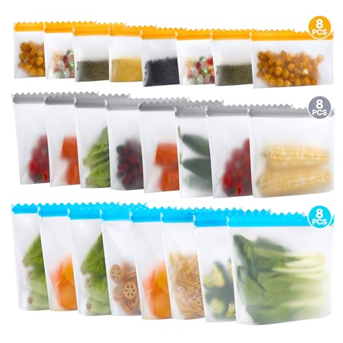 24 Stück Gefrierbeutel Wiederverwendbar,Platz Organizer, BPA-freie Silikonbeutel für Lebensmittel,Transparent,Wasserdicht & Umweltfreundlich