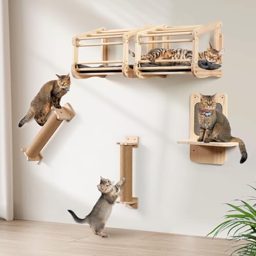 Kletterwand Katzen aus Massivholz, LitaiL 5tlg Katzen Kletterwand Set, 2X Katzenbett mit Weiche Kissen | 2X Kratzbaum | 1x Kratzsäule mit Sisal Matte für Wandmontage, Bis 25KG, Farbe in Grau