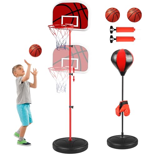 Aragallant 2-in-1 Basketballkorb & Boxsack für Kinder, Höhenverstellbare Basketballkorb mit 2 Bällen, Boxsack Spielzeug mit Boxhandschuhen, Kinderspielzeug Geschenke für Jungen ab 3 Jahren