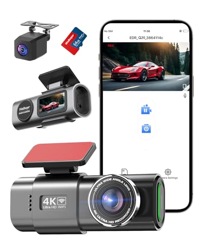 WiFi Dashcam Auto Vorne Hinten,4K+1080P,Auto Kamera,App-Steuerung Autokamera mit 64G SD-Karte,170°+140° Ultraweitwinkel,Mini 1.47 Zoll,Nachtsicht,WDR,G-Sensor,Loop-Aufnahm,Parküberwachung