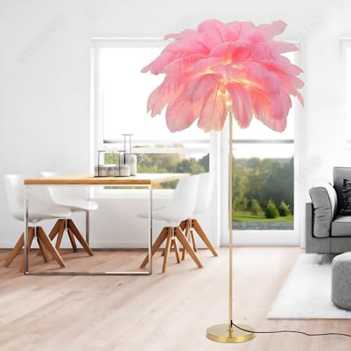YYUTLUO Moderne Federlampe, Stehlampe Aus Natürlichen Straußenfedern, 160cm Hoch, Goldene Stange Und Sockel, Stehlampe, 3 Farbtemperaturen, G4 Led Lampen Wohnzimmer Kinderzimmer Schlafzimmer (Rosa)