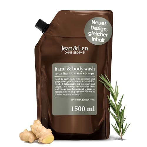 Jean & Len Hand & Body Wash Rosemary und Ginger im Nachfüllbeutel, reinigt und pflegt die Haut, würzig-frischer Duft, Flüssigseife im Nachfüllpack, ohne Silikone, Parabene & Mikroplastik, 1,5L