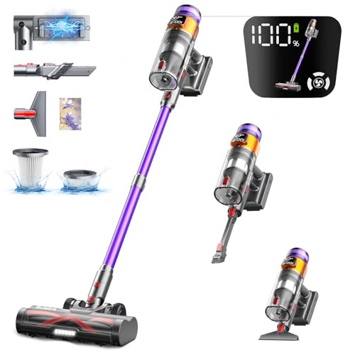 Bulelink Akku Staubsauger 45KPA/550W/70Mins, Staubsauger Kabellos mit OLED Smart Screen und Kombination von Weichen und Harten Borsten Bodenbürste, Wandmontage Wiederaufladbare 1.8L Akkustaubsauger