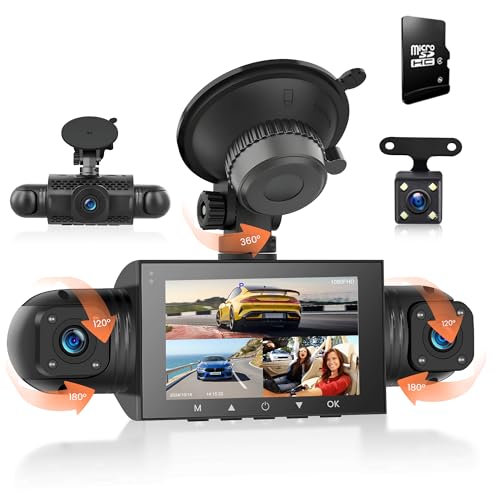 4 Kanal Dashcam Auto 360°, 4 Kamera FHD 1080P Vorne und Hinten Links Rechts, 3 Zoll 1080P Dash Kamera Autokamera mit IR Nachtsicht/Loop Video/24H Parking Monitor/G-Sensor/Einparkhilfe mit 64-GB-Karte