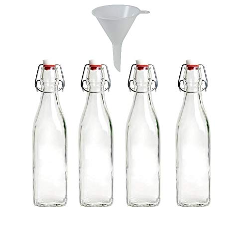 Viva-Haushaltswaren - 4 kleine Glasflaschen mit Bügelverschluss 250 ml (eckige Form) zum Selbstbefüllen inkl. einem Einfülltrichter Ø 7 cm