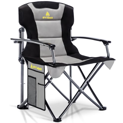 Symino Luxus Campingstuhl Faltbar, Tragbarer Bequem Gepolster Klappstuhl Anglerstuhl Sessel Belastbarkeit bis 150 kg mit Seitentasche für Picknick Outdoor Wandern, Grey