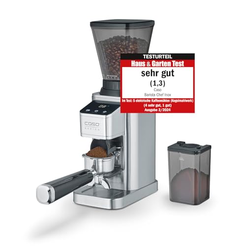 CASO BaristaChef Inox - elektrische Kaffeemühle, Testurteil: Sehr Gut, Edelstahl-Kegelmahlwerk, mit Siebträgerhalterung, 48 präzise Mahlgradstufen