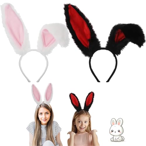 JRYBXS Hasenohren Haarreif, 2 Stück Hasenohren Karneval Schwarz Rot Weiß, Cosplay Damen, für Ostern Halloween Karneval