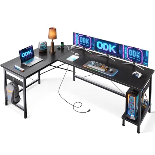 ODK Gaming Tisch mit Steckdosen und USB-Ladeanschluss, Gaming Schreibtisch mit CPU-Ständer, Eckschreibtisch L Form für das Heimbüro, Schwarz, 168×120cm