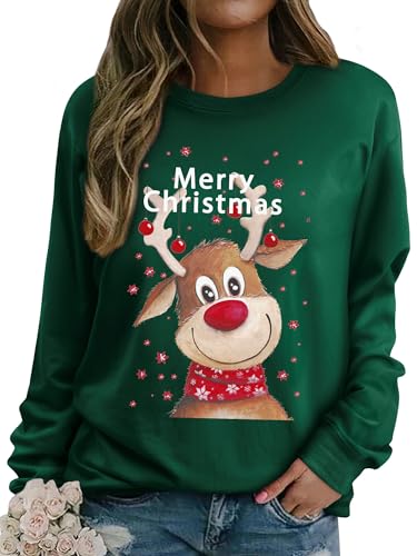 Dresswel Weihnachtspullover Damen Merry Christmas Sweatshirt Lustig Rudolph Rentier Druck Baumwolle Weihnachten Weihnachts Xmas Pullover Weihnachtspulli Teenager Mädchen