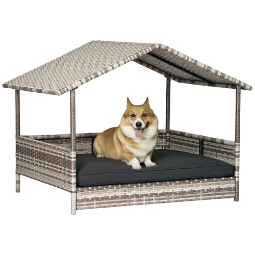 PawHut Rattan Hundeliege Outdoor mit Dach, Erhöhtes Hundebett für kleine und mittelgroße Hunde, Kühlendes Haustierliege mit Metallrahmen, Haustierbett für Draußen, 69 x 98 x 70 cm, Grau