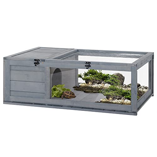 PawHut Schildkrötenhaus aus Holz Schildkrötengehege mit Haupthäusern aufklappbarem Oberseite, Outdoor Reptilienkäfig Terrarium für Schildkröten Reptilien für drinnen draußen 91x60,5x32 cm, Grau