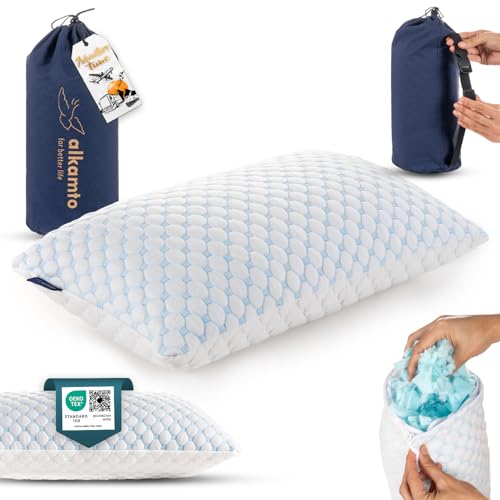 Alkamto Kühlendes Memory Foam Reisekissen–Verstellbares Gel für Individuelle Unterstützung–Beidseitig Eis-Seide & Weiches Rayon– eicht, Komprimierbar, OEKO-TEX Zertifiziert, Ideal für Reisen & Camping