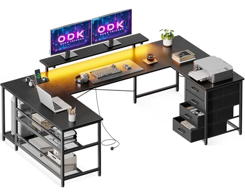 ODK Eckschreibtisch mit 4 Schubladen&Stauraum, Reversible Eckschreibtisch mit 2 Steckdosen und 2 USB Ladeanschluss, Gaming Schreibtisch mit LED&Monitorständer für Home Office, 167×102cm, Schwarz