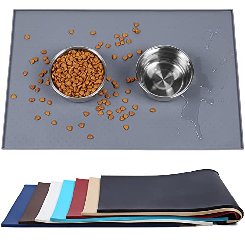 VIVAGLORY Futtermatte Hund, groß 60L x 40W(cm), wasserdichte napfunterlage silikon in Lebensmittelqualität mit erhöhtem Rand für Katzen Hunde, Grau
