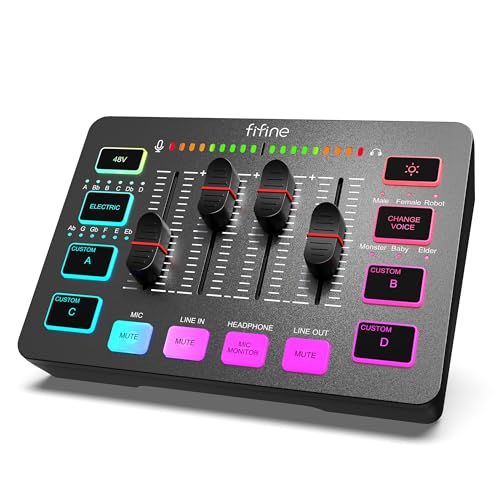 FIFINE Gaming Audio Mixer für PC, RGB Soundkarte für XLR Mikrofon, Audio Interface für Streaming Musiker, Mischpult für Gamer Creators Live YouTube, Individuelle Steuerung, Voice Changer