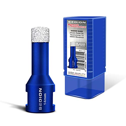 SEDION ® Fliesenbohrer 14mm x M14 - Bohrkrone zum Bohren von harte Fliesen - Diamantbohrer 14 mm - Sedion Premium Qualität hochwertige Diamanten - kompatibel mit Bosch Makita uvm Winkelschleifer Flex