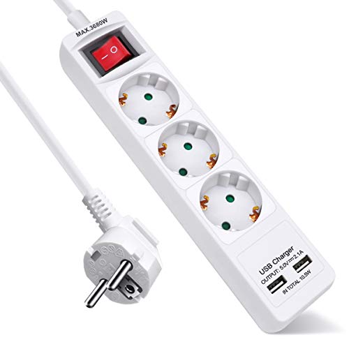 ExtraStar 3 Fach Steckdosenleiste mit 2 USB, Mehrfachsteckdose mit Schalter und Kindersicherung,Steckerleiste 1.5m Kabel,16A, 3680W, Weiß