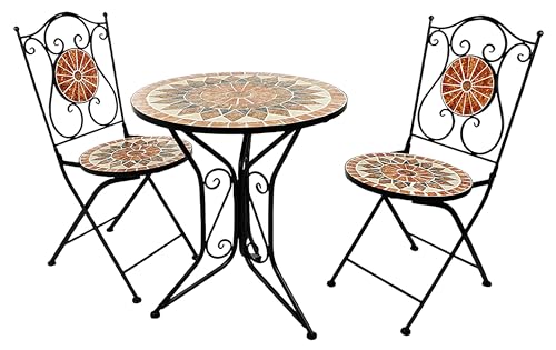 Kobolo Tischgruppe MOSAIK 1 Tisch rund 2 Klappstühle Metall Mosaik schwarz terrakotta