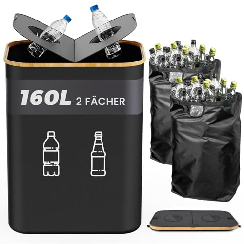 Biigdan 160l Pfandflaschen Sammelbehälter 2 Fächer, Pfandflaschen Aufbewahrung mit Deckel, Altglas Sammelbehälter mit Loch und Innentasche, Küche Flaschensammler Leergut